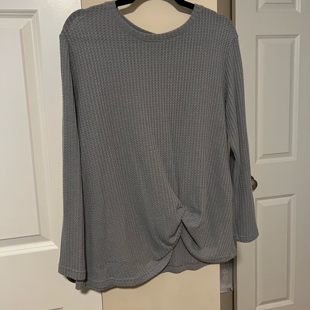 Century Star Women's Long Sleeve Waffle Knit Knot Front Round Neck Top